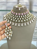 Ishhaara Pink Gold Plated Polki Kundan Stone And Pearl Choker Necklace Set