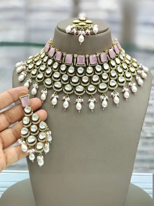 Ishhaara Pink Gold Plated Polki Kundan Stone And Pearl Choker Necklace Set
