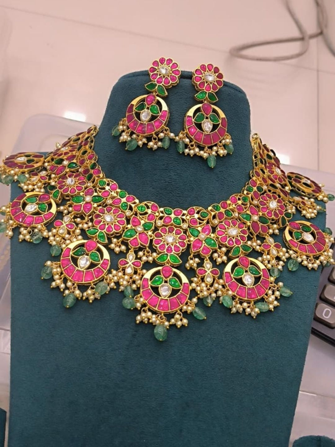 Ishhaara Pink Green Kundan Bridal Necklace Set