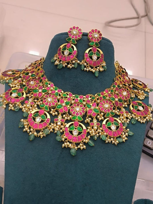 Ishhaara Pink Green Kundan Bridal Necklace Set