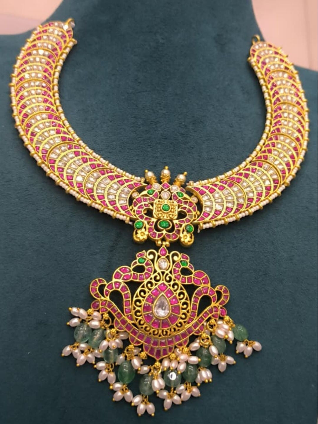 Ishhaara Pink Green Kundan Bridal Pendant Necklace