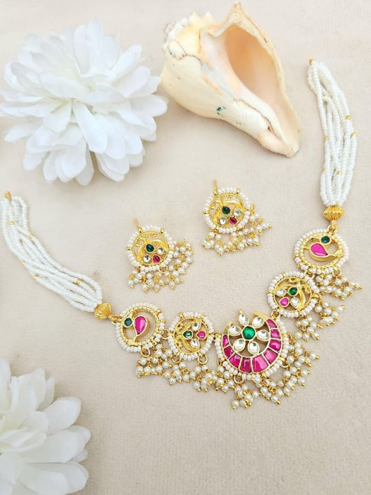 Ishhaara Pink Green Kundan Choker Necklace Set - handcrafted Indian jewellery