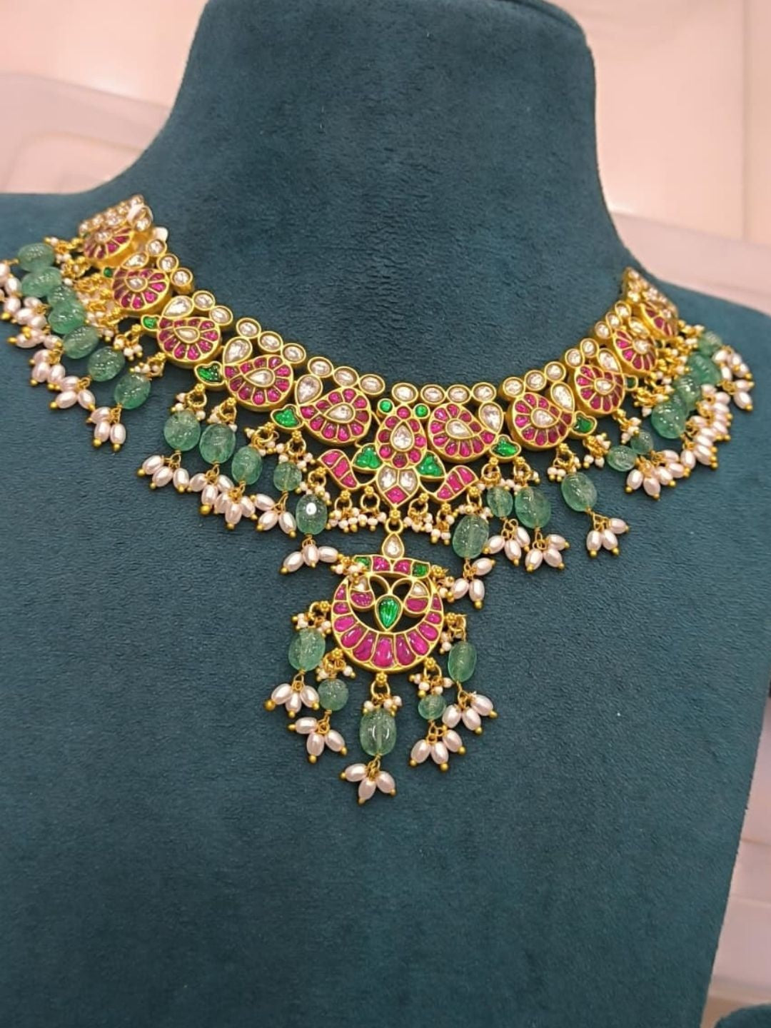 Ishhaara Pink Green Kundan Floral Necklace Set