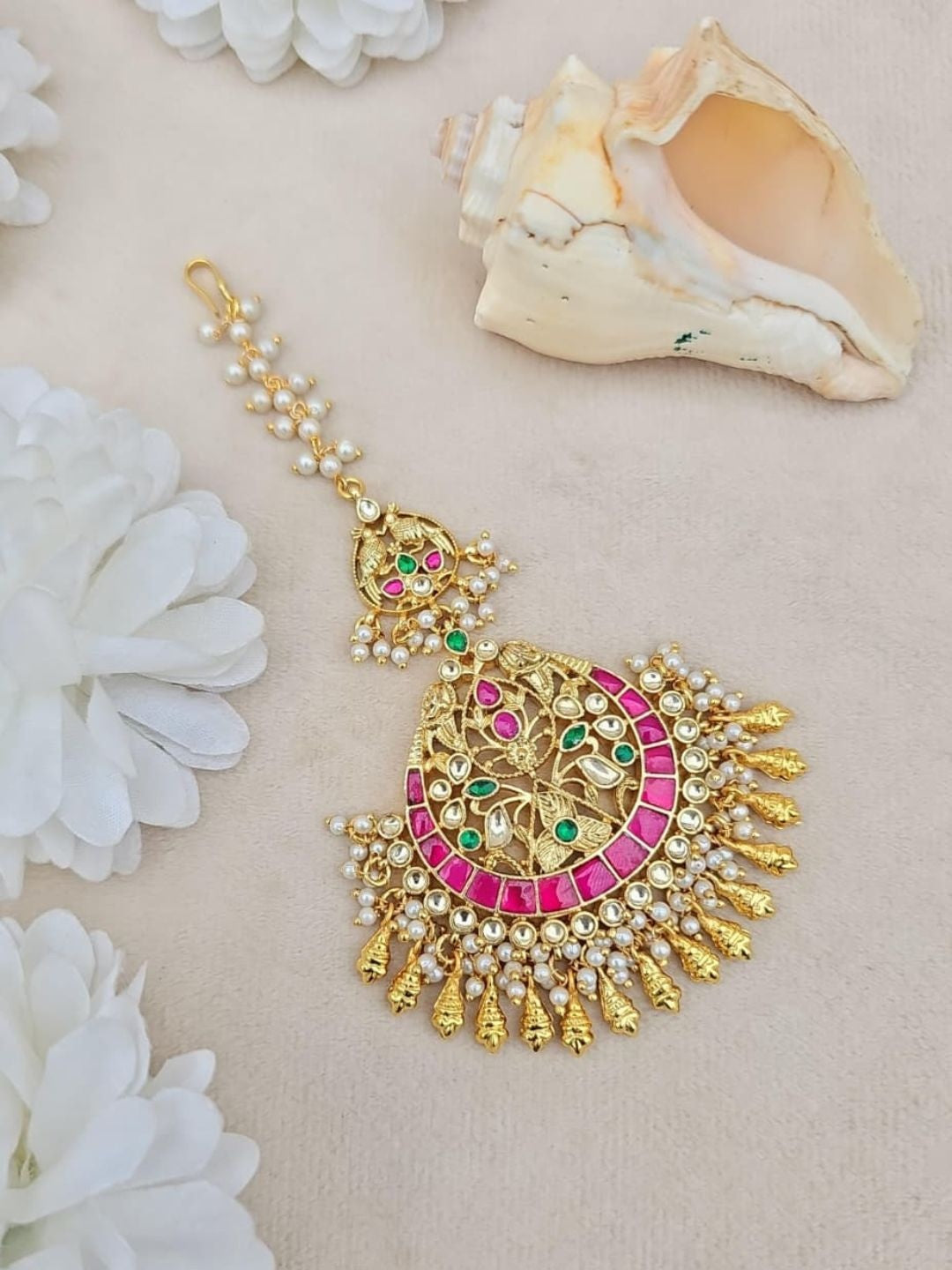 Ishhaara Pink Green Kundan Peacock Maang Tikka - handcrafted Indian jewellery