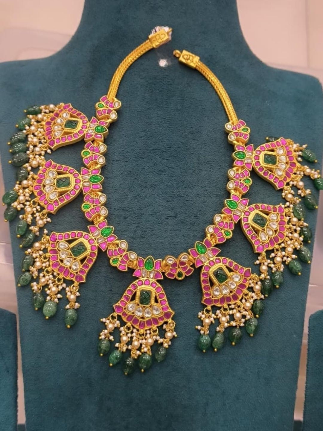 Ishhaara Pink Green Kundan Statement Necklace
