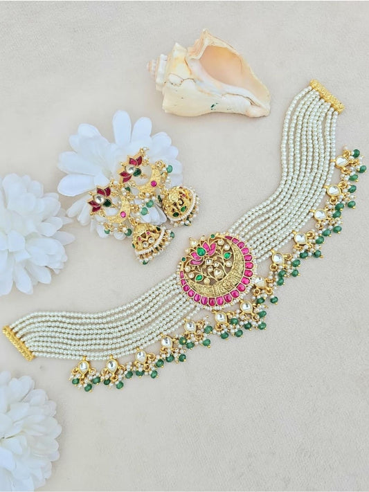 Ishhaara Pink Green Pearl Choker Necklace Set - handcrafted Indian jewellery