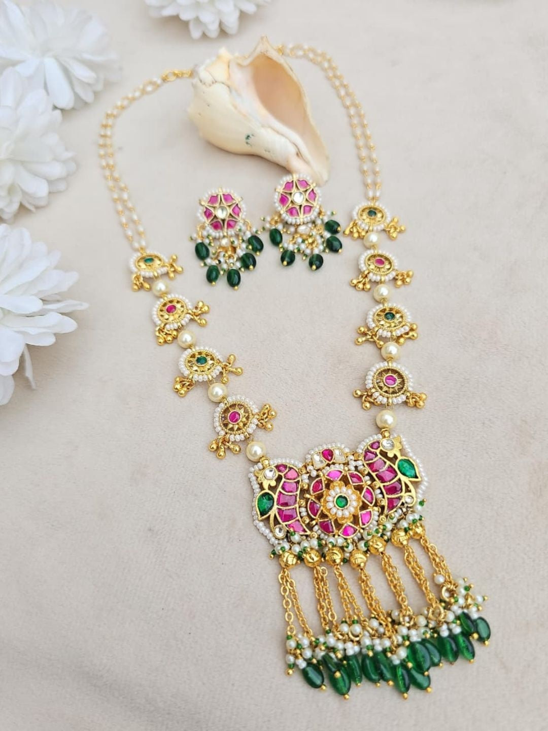 Ishhaara Pink Green Pearl Long Necklace Set - handcrafted Indian jewellery