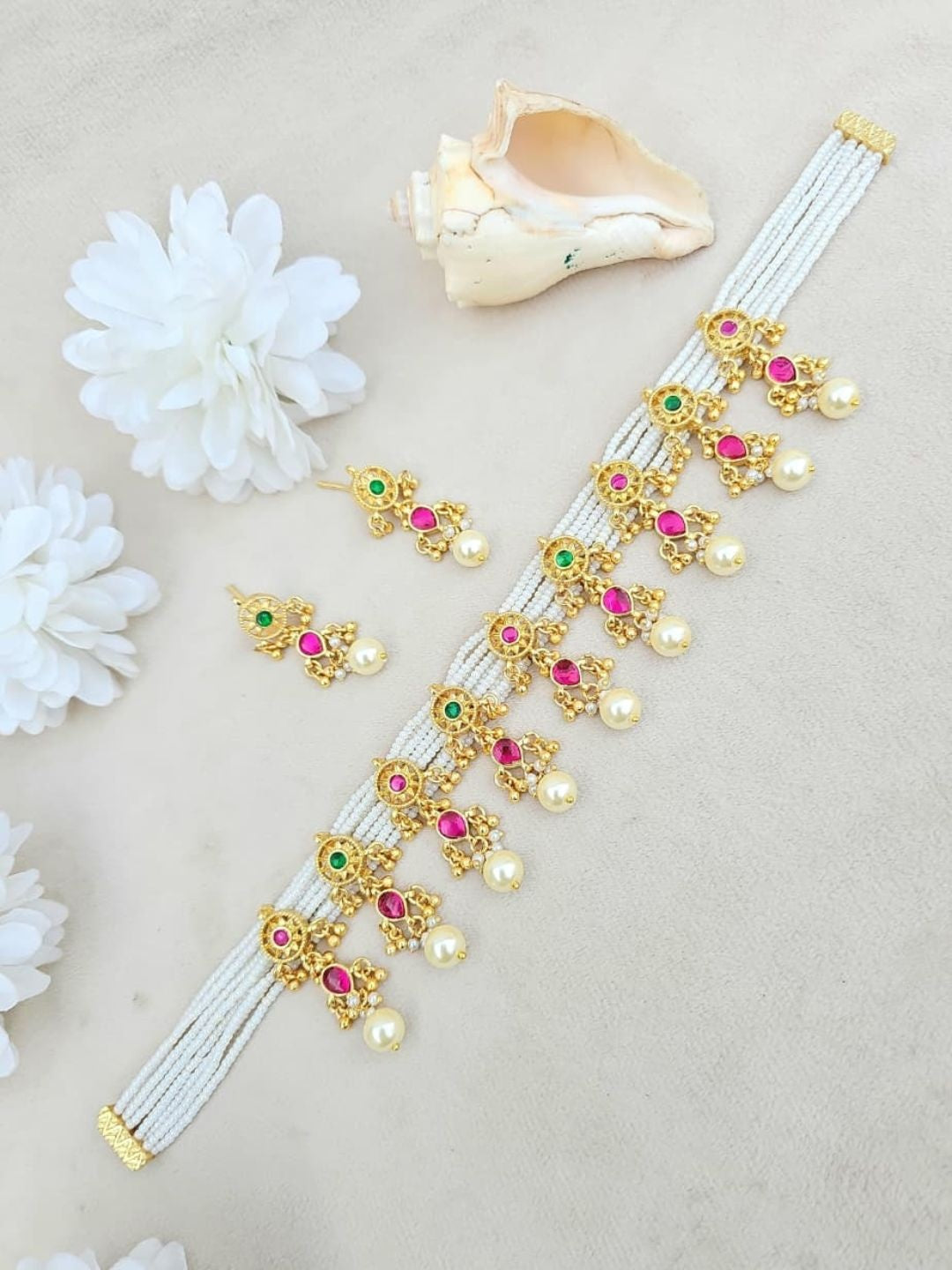 Ishhaara Pink Green Pearl Matha Patti - handcrafted Indian jewellery