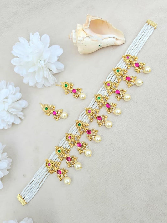 Ishhaara Pink Green Pearl Matha Patti - handcrafted Indian jewellery