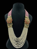Ishhaara Pink Green Pearls Stones Kundan Embellished Layered Necklace Set