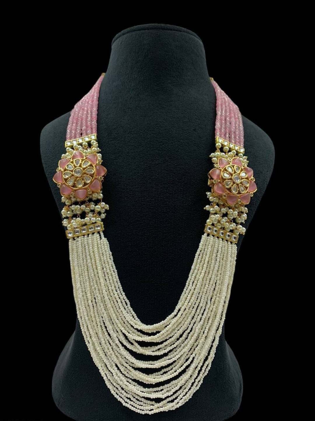 Ishhaara Pink Green Pearls Stones Kundan Embellished Layered Necklace Set