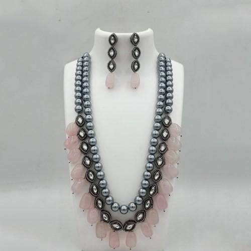 Ishhaara Pink Grey Pearls Long Beaded Necklace And Earring Set