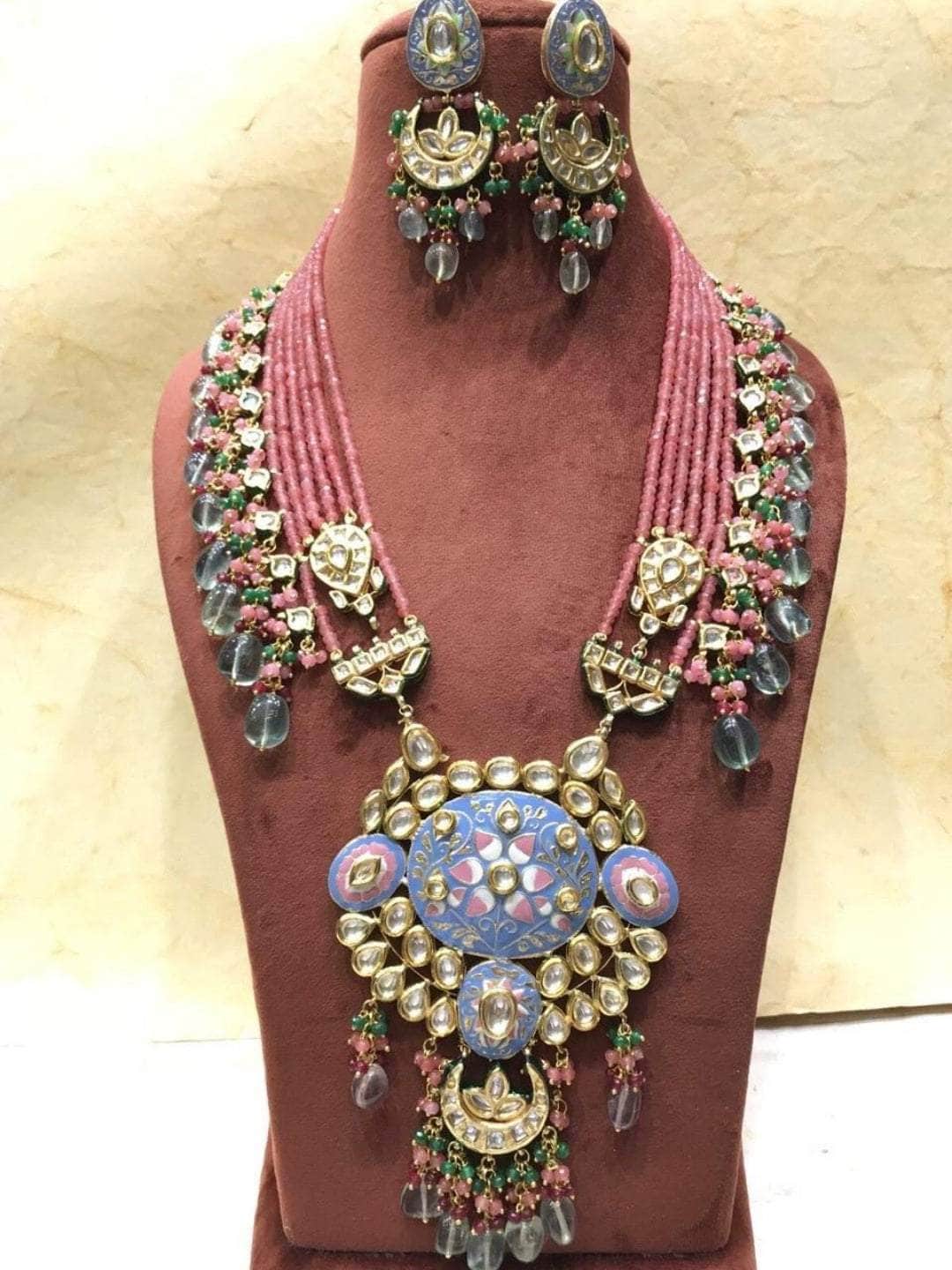 Ishhaara Pink Handpainted Kundan Pendant Necklace