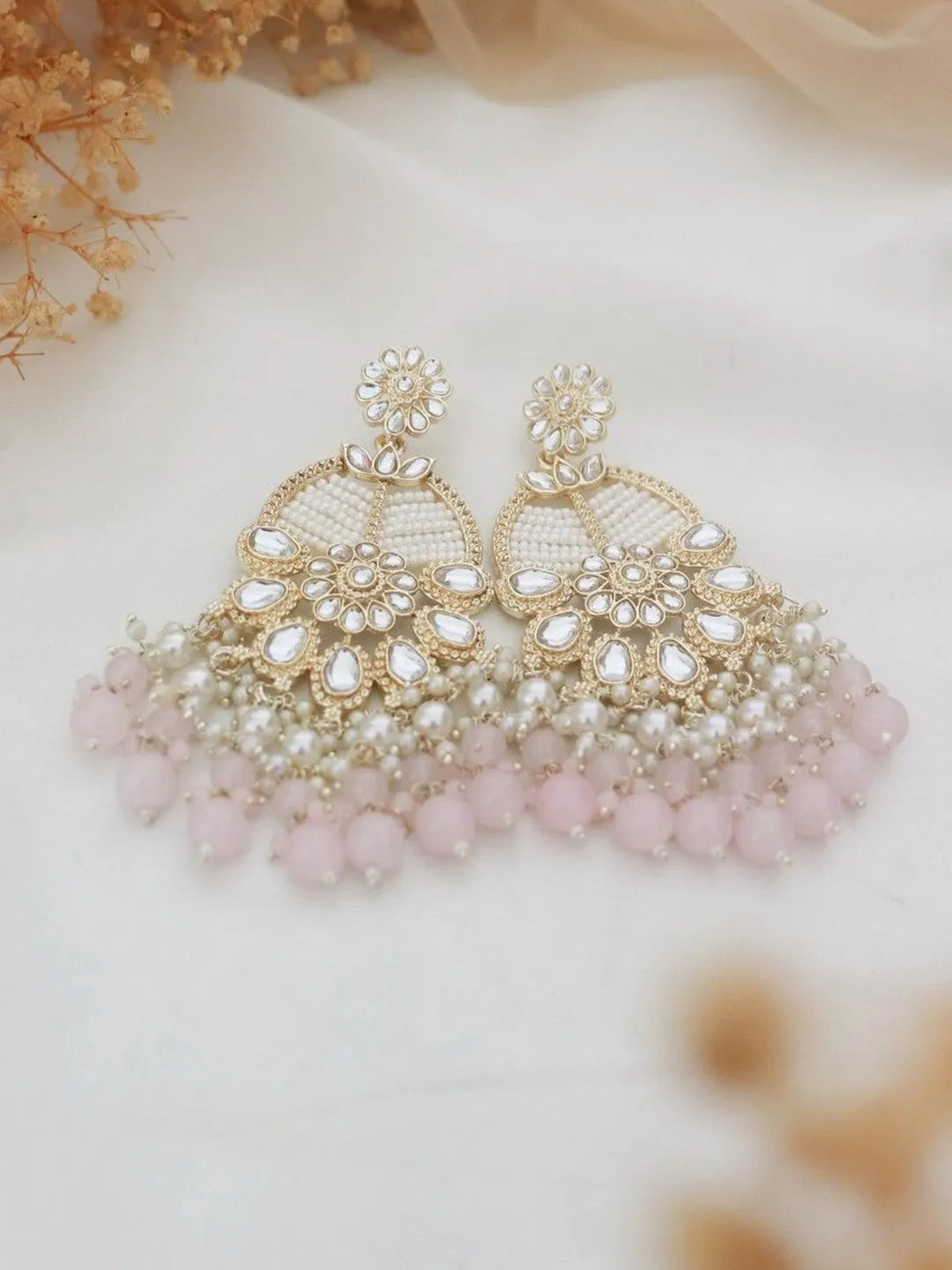 Ishhaara Pink Ivory White Statement Kundan Earrings