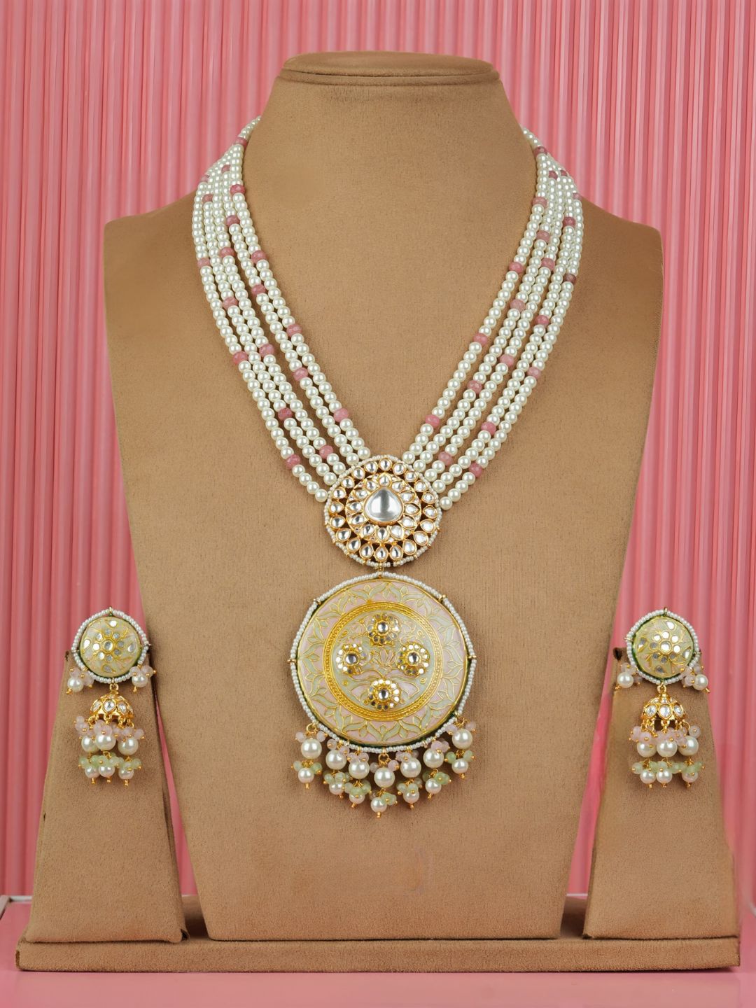 Ishhaara Pink Jadau Kundan Meenakari Long Necklace Earrings Set