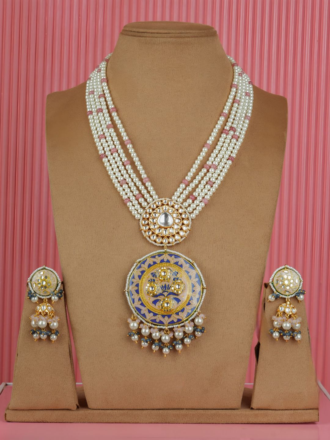 Ishhaara Pink Jadau Kundan Meenakari Long Necklace Earrings Set