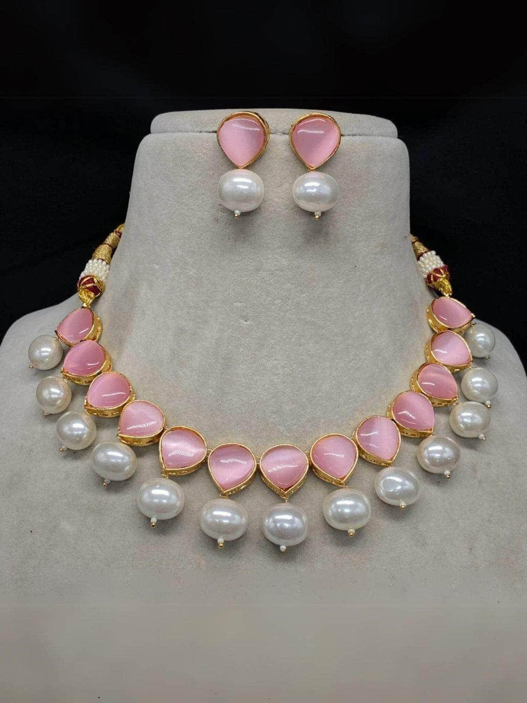 Ishhaara Pink Kundan and Glass Beads Necklace set with Earring