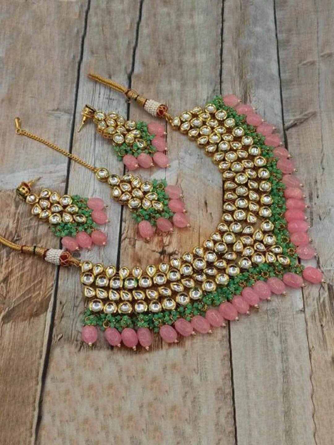 Ishhaara Pink Kundan Beads Fine Necklace Earring And Teeka Set