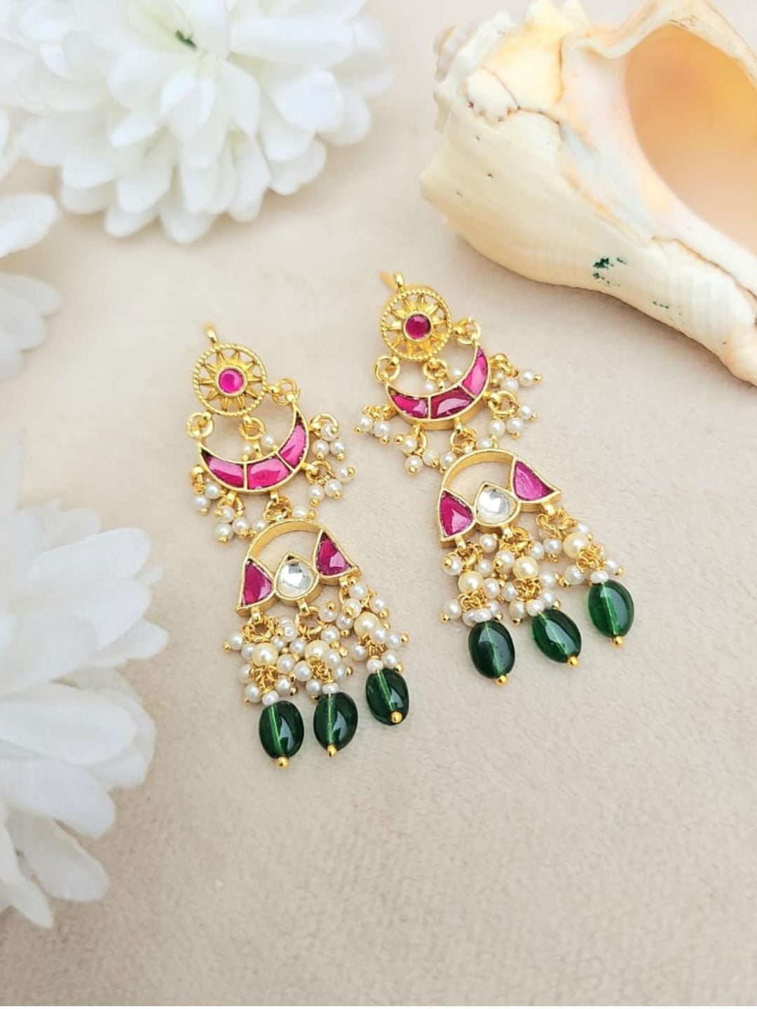 Ishhaara Pink Kundan Chandbali Earrings - handcrafted Indian jewellery