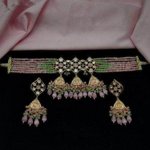 Ishhaara Pink Kundan Pearl And Beads Choker Set