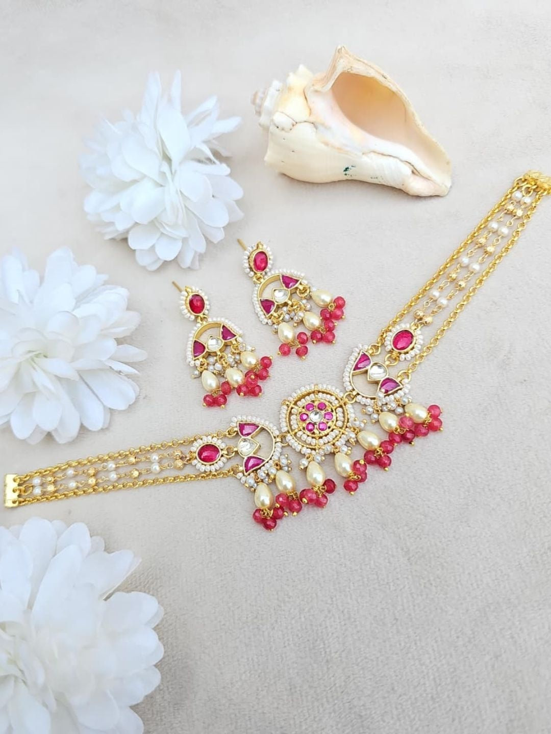 Ishhaara Pink Kundan Pearl Choker Necklace Set - handcrafted Indian jewellery