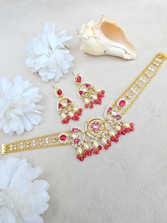 Ishhaara Pink Kundan Pearl Choker Necklace Set - handcrafted Indian jewellery