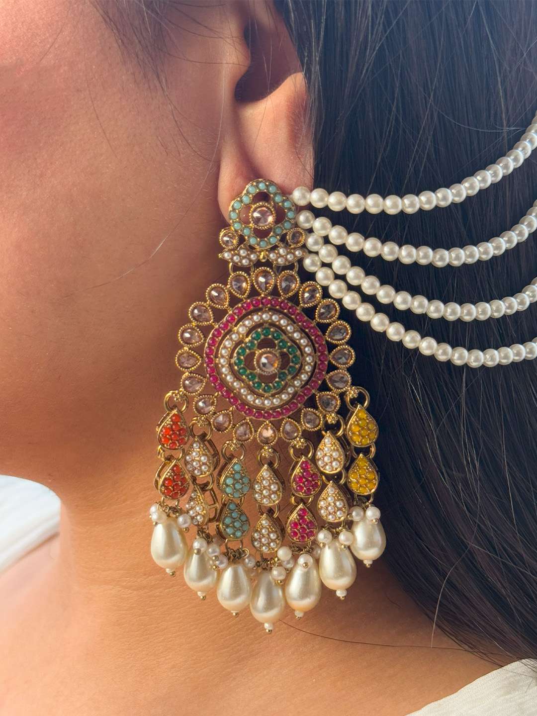 Ishhaara Pink Kundan Pearl Dangling Earrings With Chain And Teeka