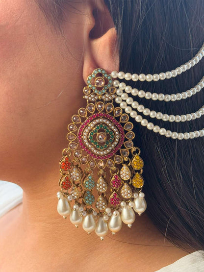 Ishhaara Pink Kundan Pearl Dangling Earrings With Chain And Teeka