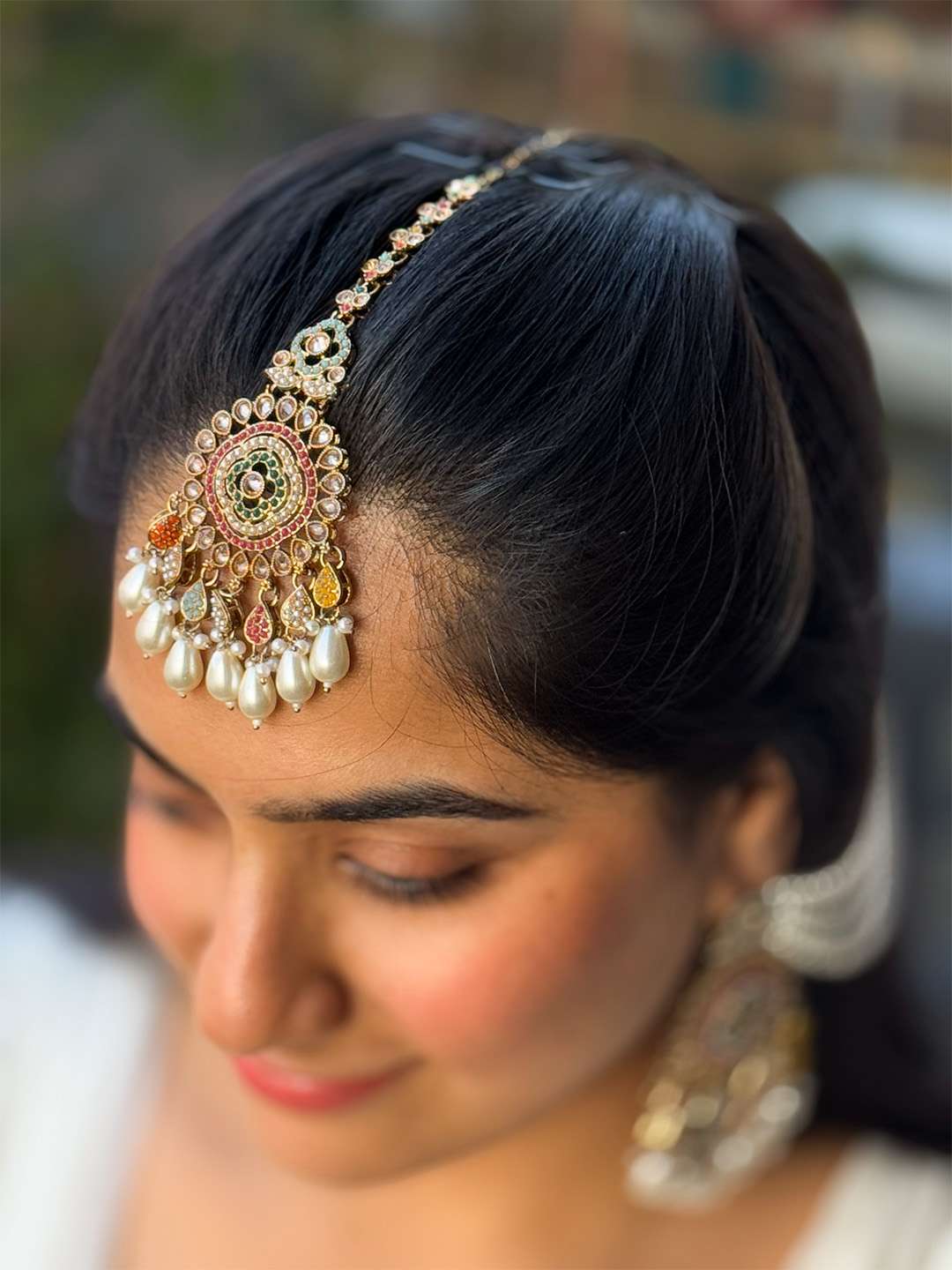 Ishhaara Pink Kundan Pearl Dangling Earrings With Chain And Teeka