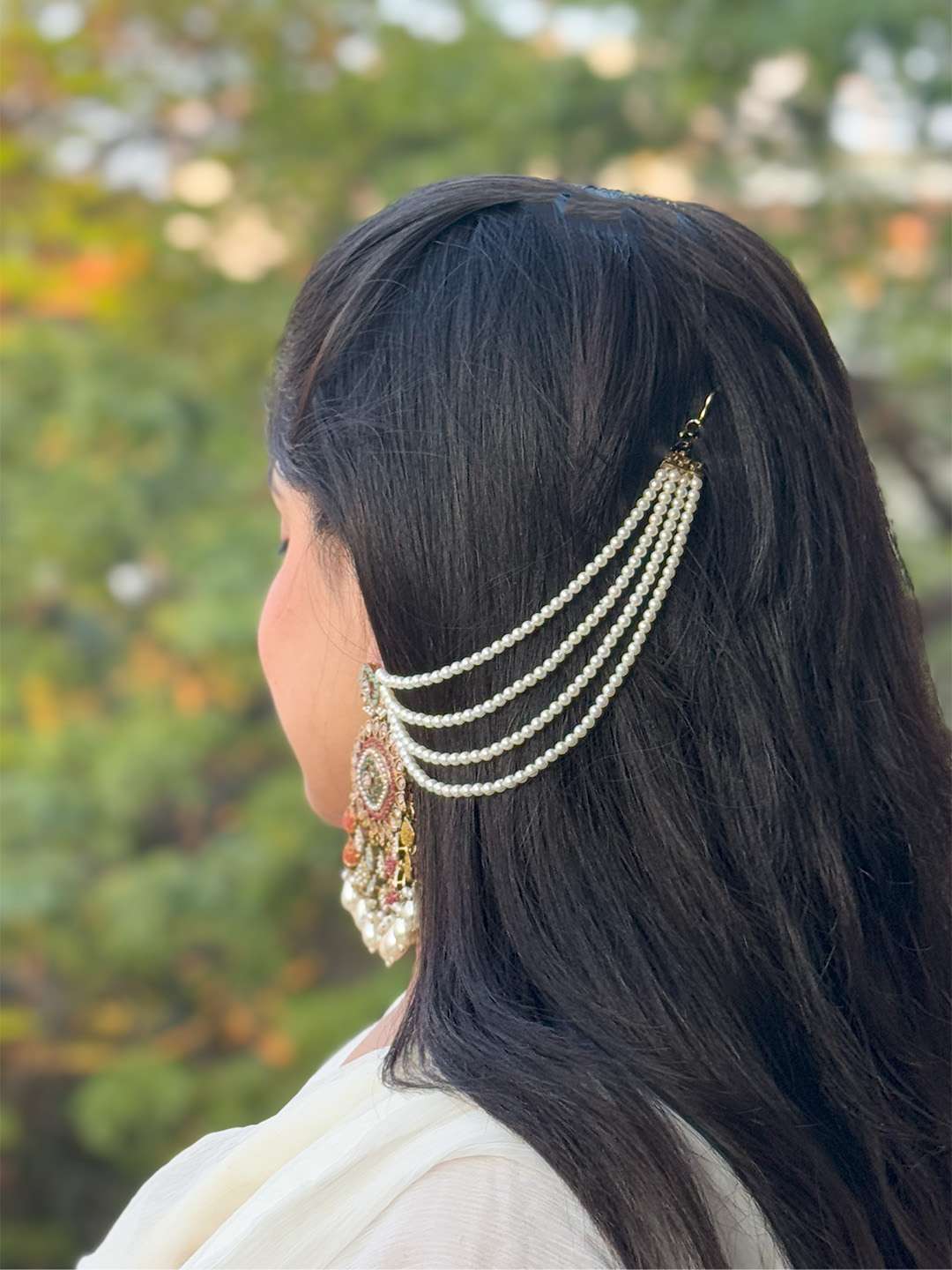 Ishhaara Pink Kundan Pearl Dangling Earrings With Chain And Teeka