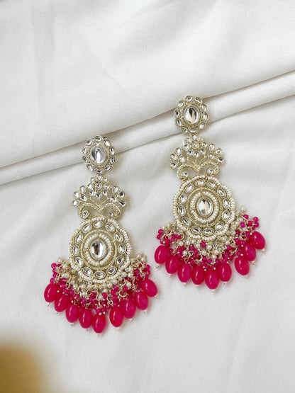 Ishhaara Pink Kundan Polki And Pearl Drop Chandbaali Earrings