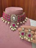 Ishhaara Pink Kundan Polki And Pearl Meenakari Choker Necklace Set