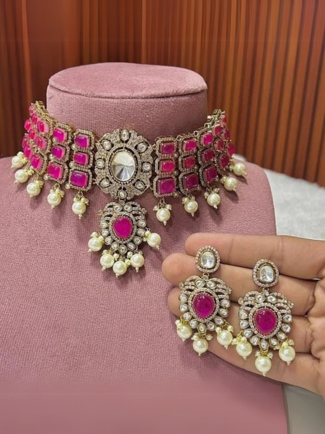 Ishhaara Pink Kundan Polki And Pearl Meenakari Choker Necklace Set