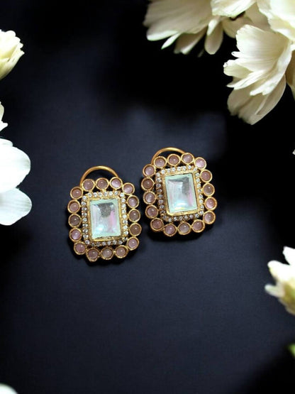 Ishhaara Pink Kundan Polki Square Stud Earings