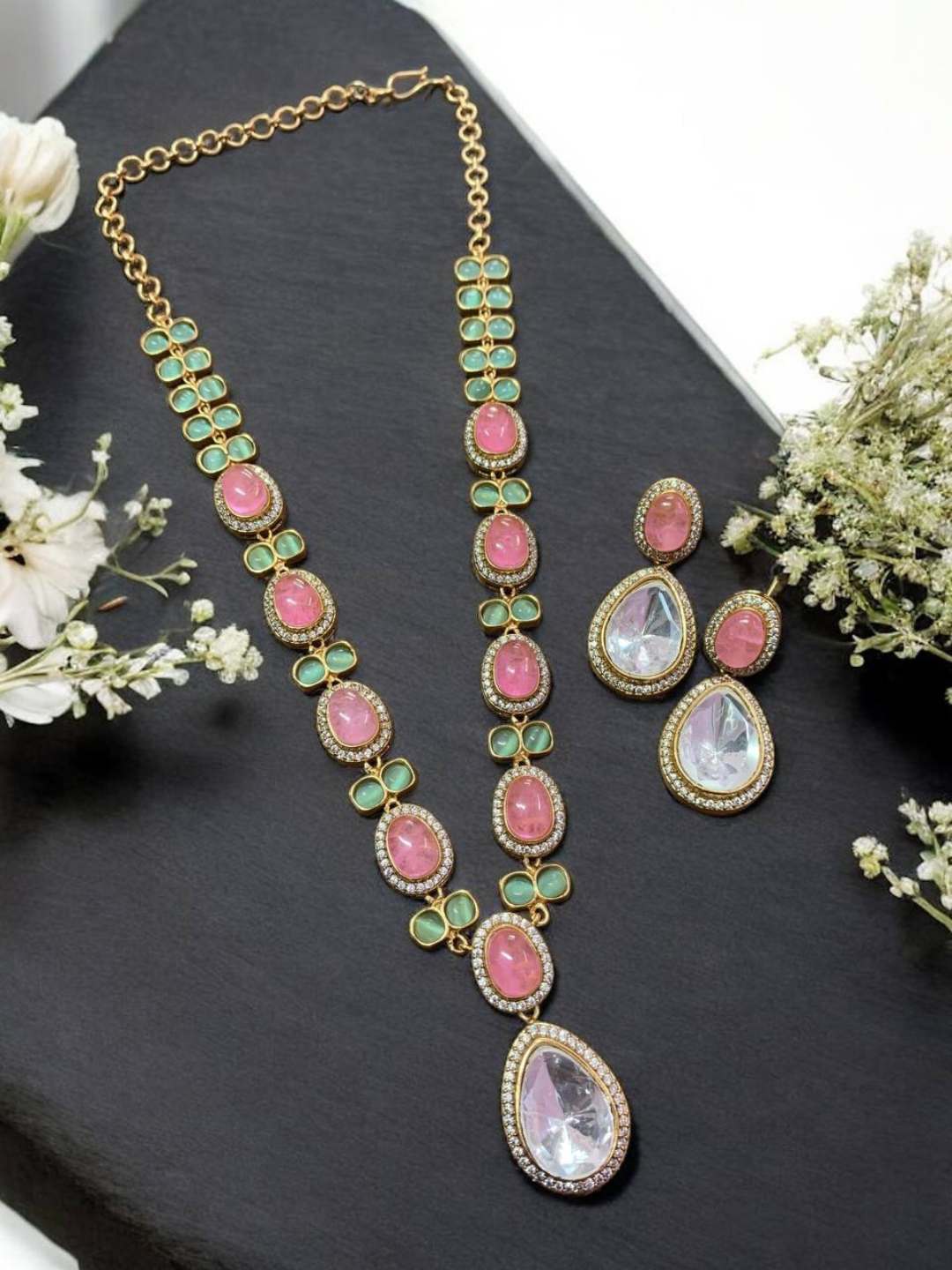 Ishhaara Pink Kundan Victorian Style Long Necklace