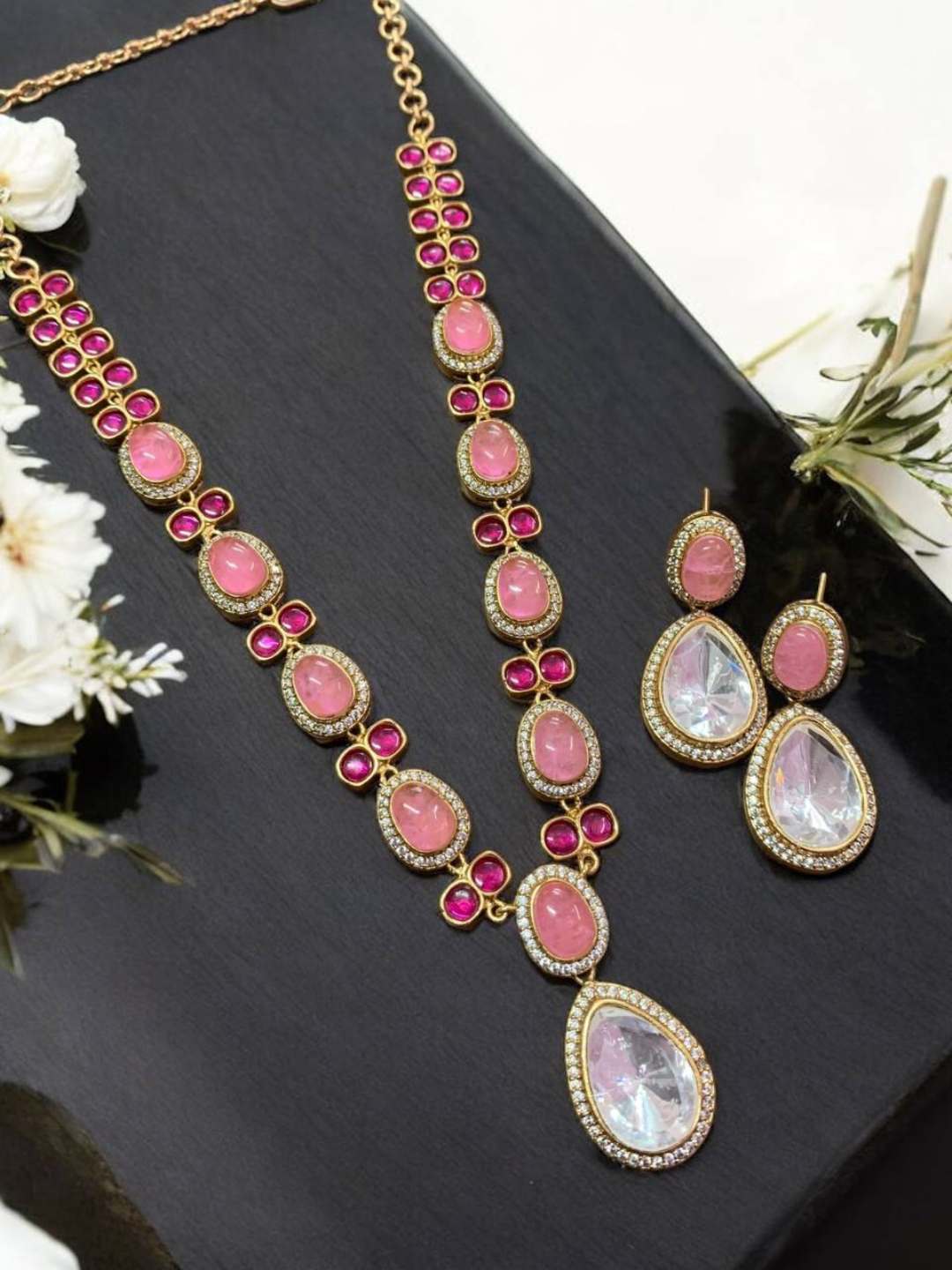 Ishhaara Pink Kundan Victorian Style Long Necklace