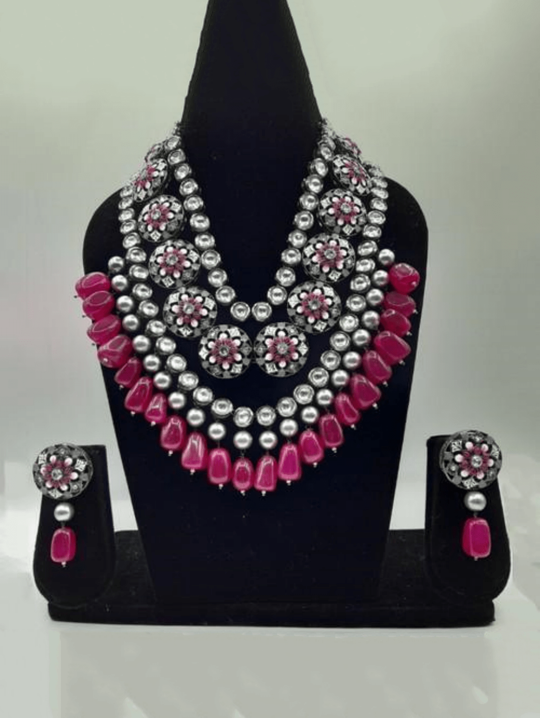 Ishhaara Pink Layered Flower Motif Chakra Long Rhodium Set