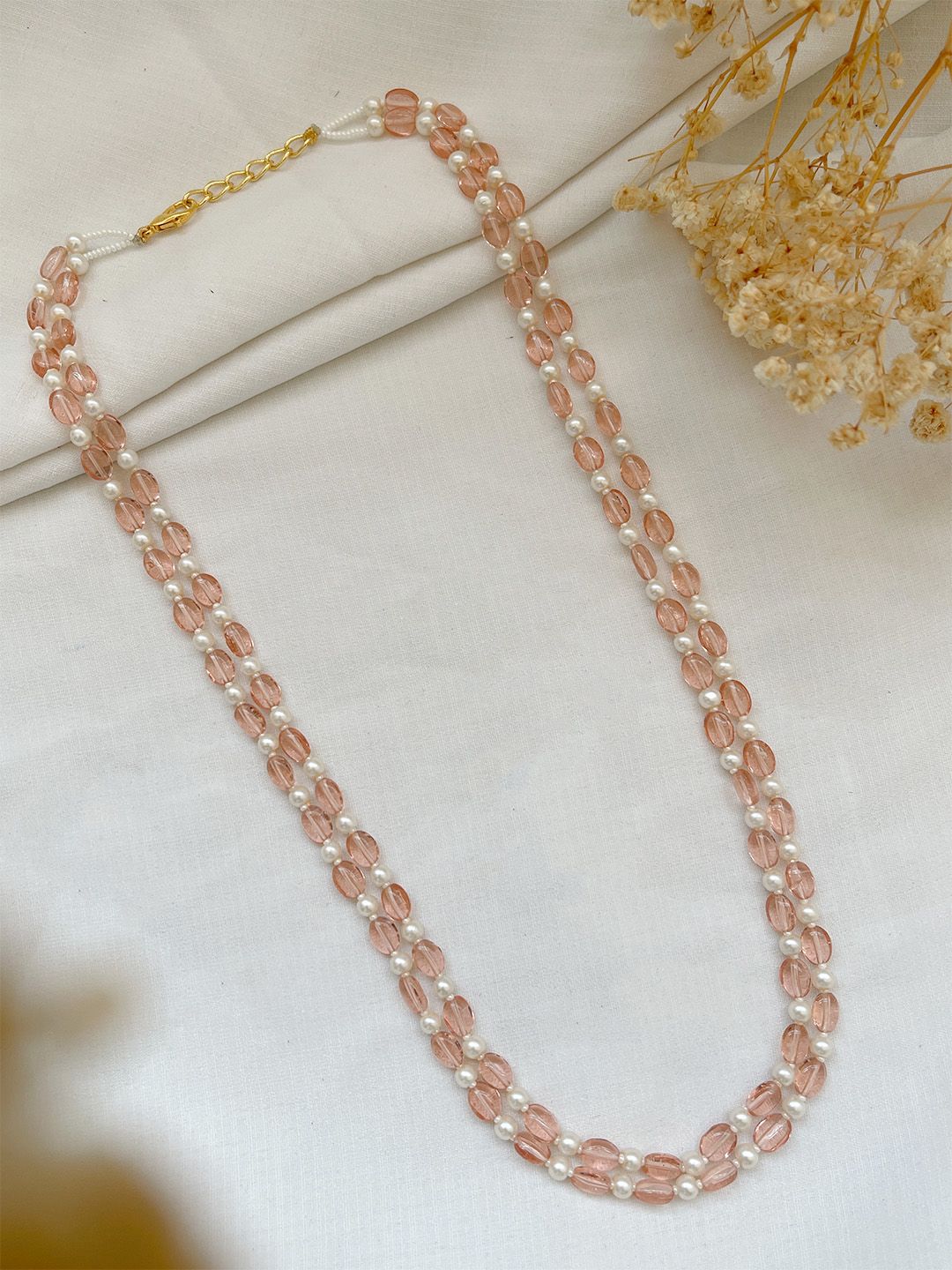 Ishhaara Pink Layered Pumpkin Beads And Pearl Studded Mala