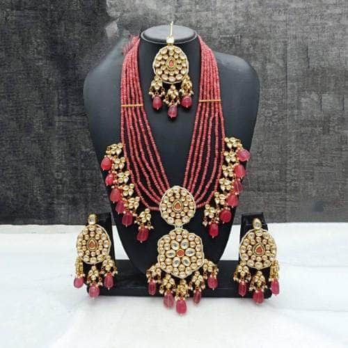 Ishhaara Pink Long Dual Pendant Necklace Earring And Teeka Set