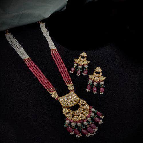 Ishhaara Pink Long Half Chand Necklace Set