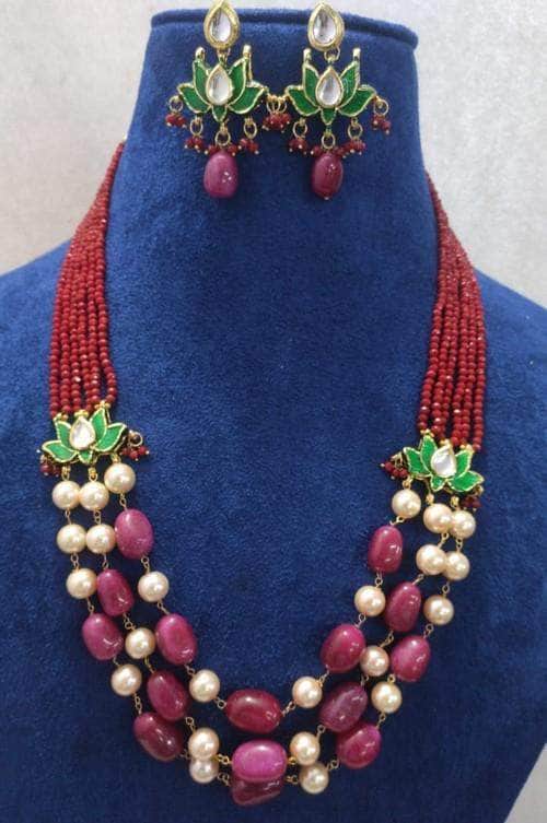 Ishhaara Pink Lotus Motif Side Patch Necklace Set