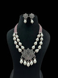 Ishhaara Pink Lotus Shaped Pendant Studded Long Necklace