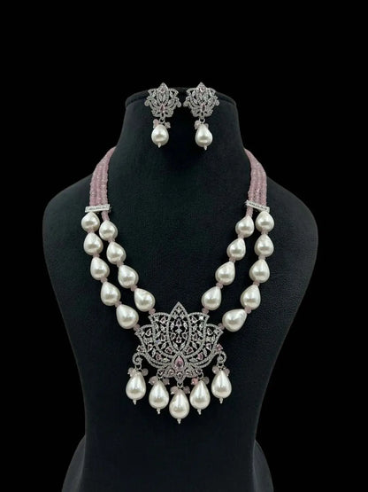 Ishhaara Pink Lotus Shaped Pendant Studded Long Necklace