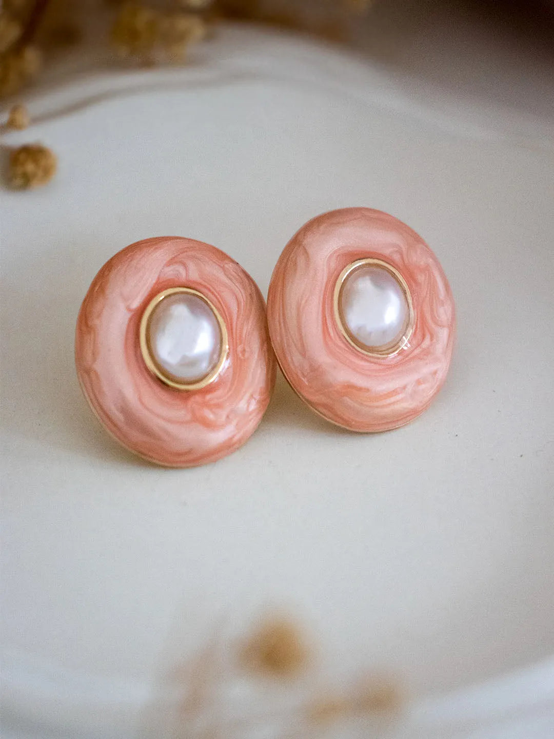 Ishhaara Pink Marble Effect Button Studs