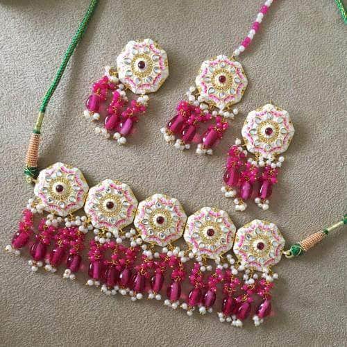 Ishhaara Pink Meena Round Colored Choker Earring And Teeka Set