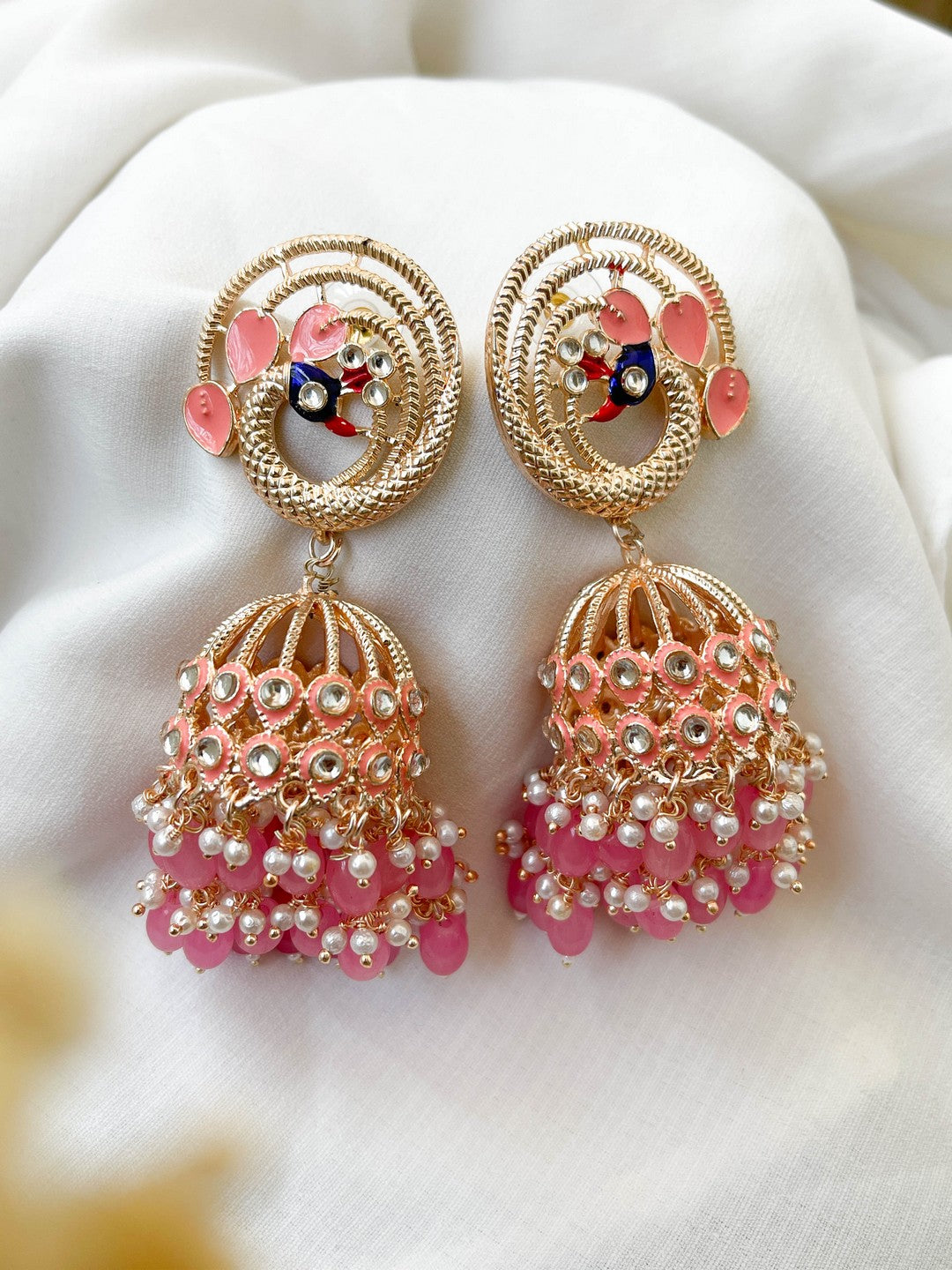 Ishhaara Pink Meenakari Peacock Jhumka