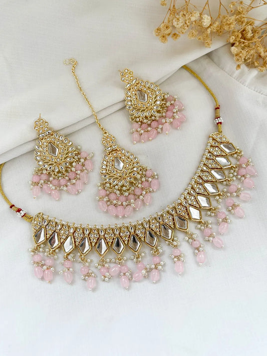 Ishhaara Pink Mirror And Kundan Studded Choker Necklace
