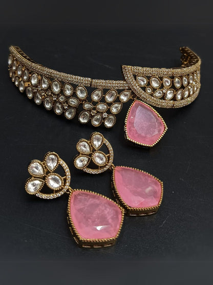 Ishhaara Pink Moissanate Polki Kundan Victorian Finish Choker Necklace