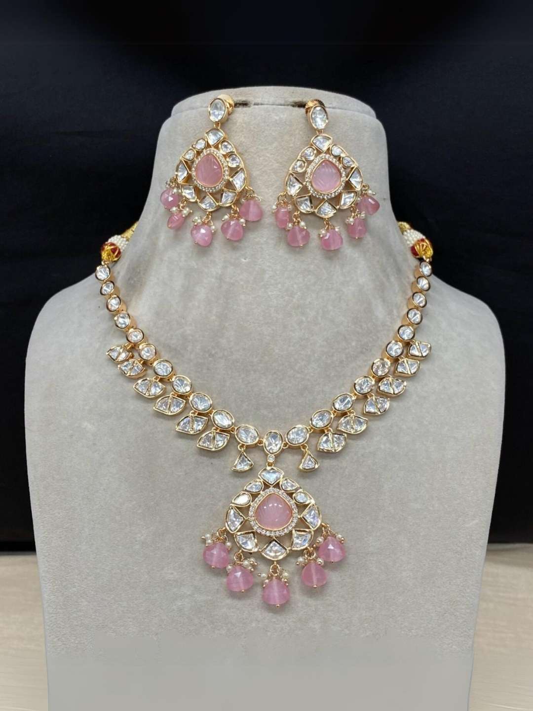 Ishhaara Pink Moissanite Gold Plated Necklace Set