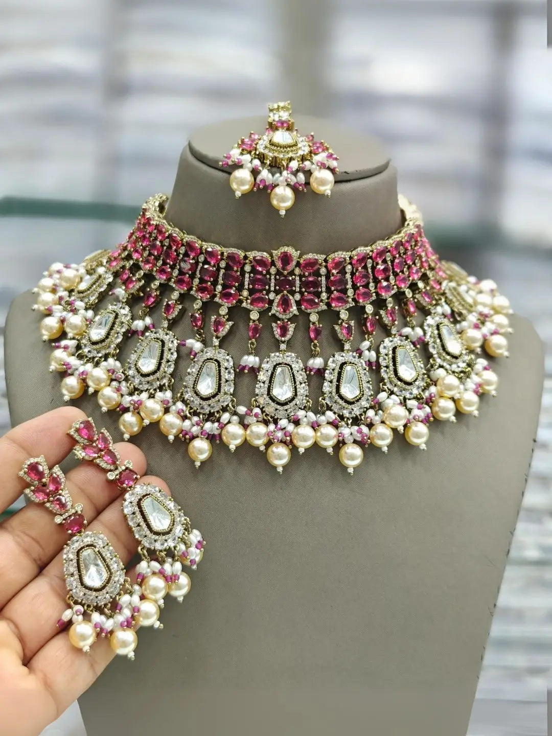 Ishhaara Pink Moissanite Kundan And Ad Choker Set With Earrings